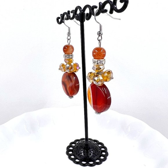 NWT - Charming Charlie - Agate Beaded Dangle Drop Silver Tone Fishhook Earrings - Picture 3 of 8